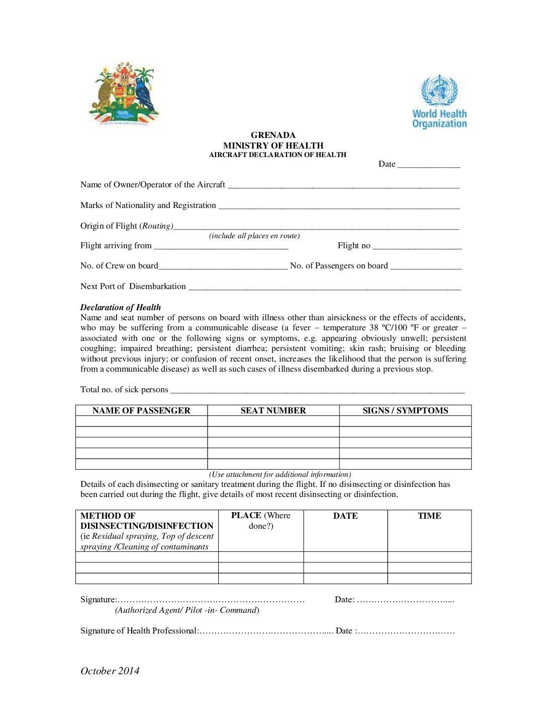Aircraft Declaration of Health Grenada