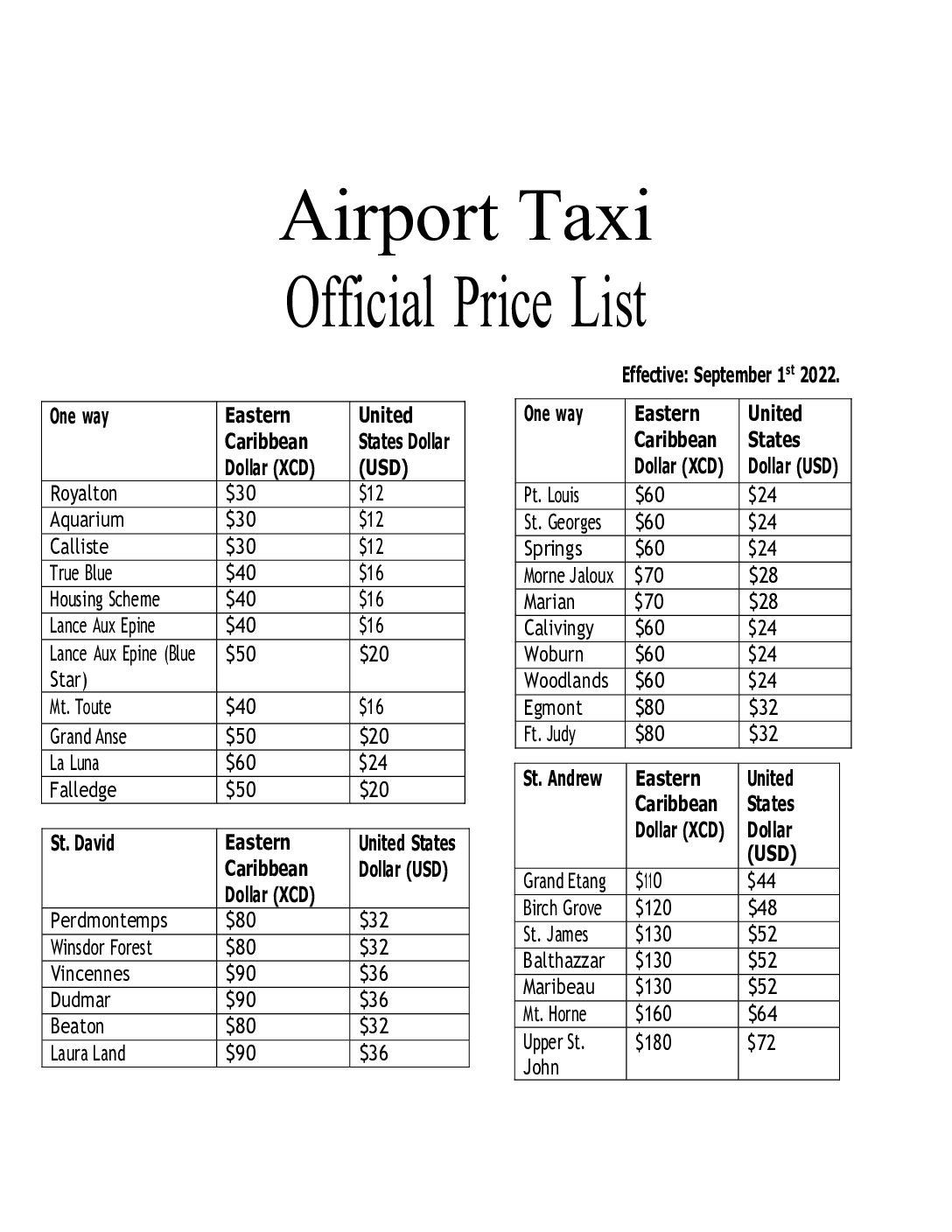 MBIA Taxi Price List