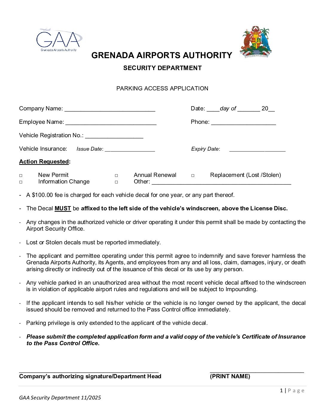 PARKING ACCESS APPLICATION FORM