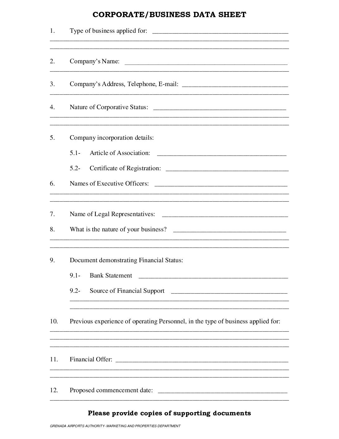 CORPORATE/BUSINESS DATA SHEET
