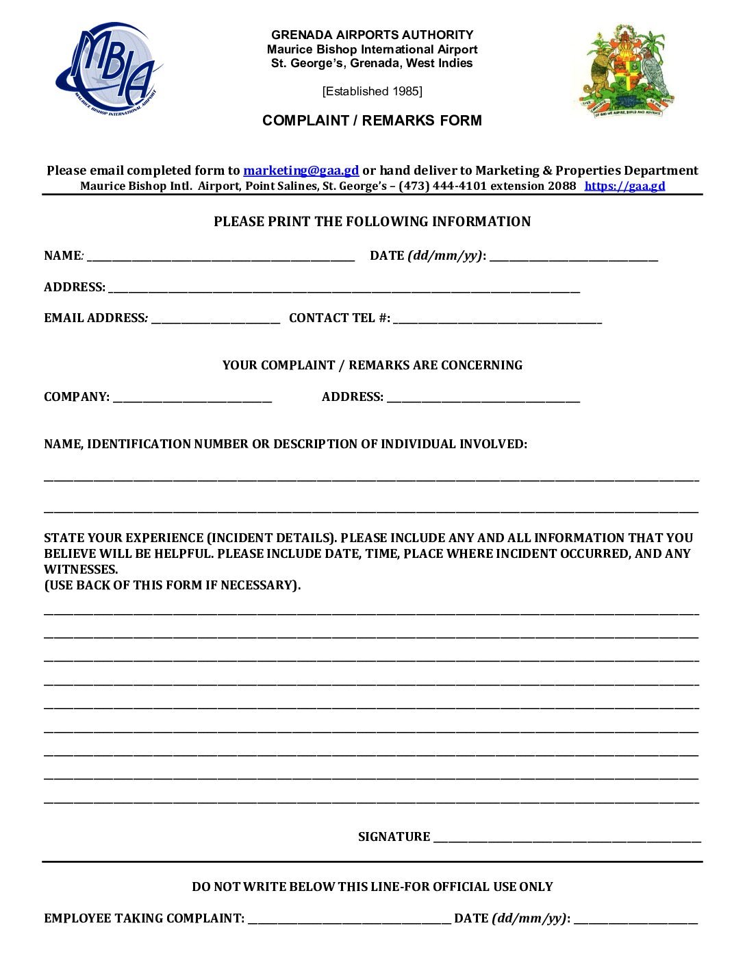 MBIA COMPLAINTS / REMARKS FORM
