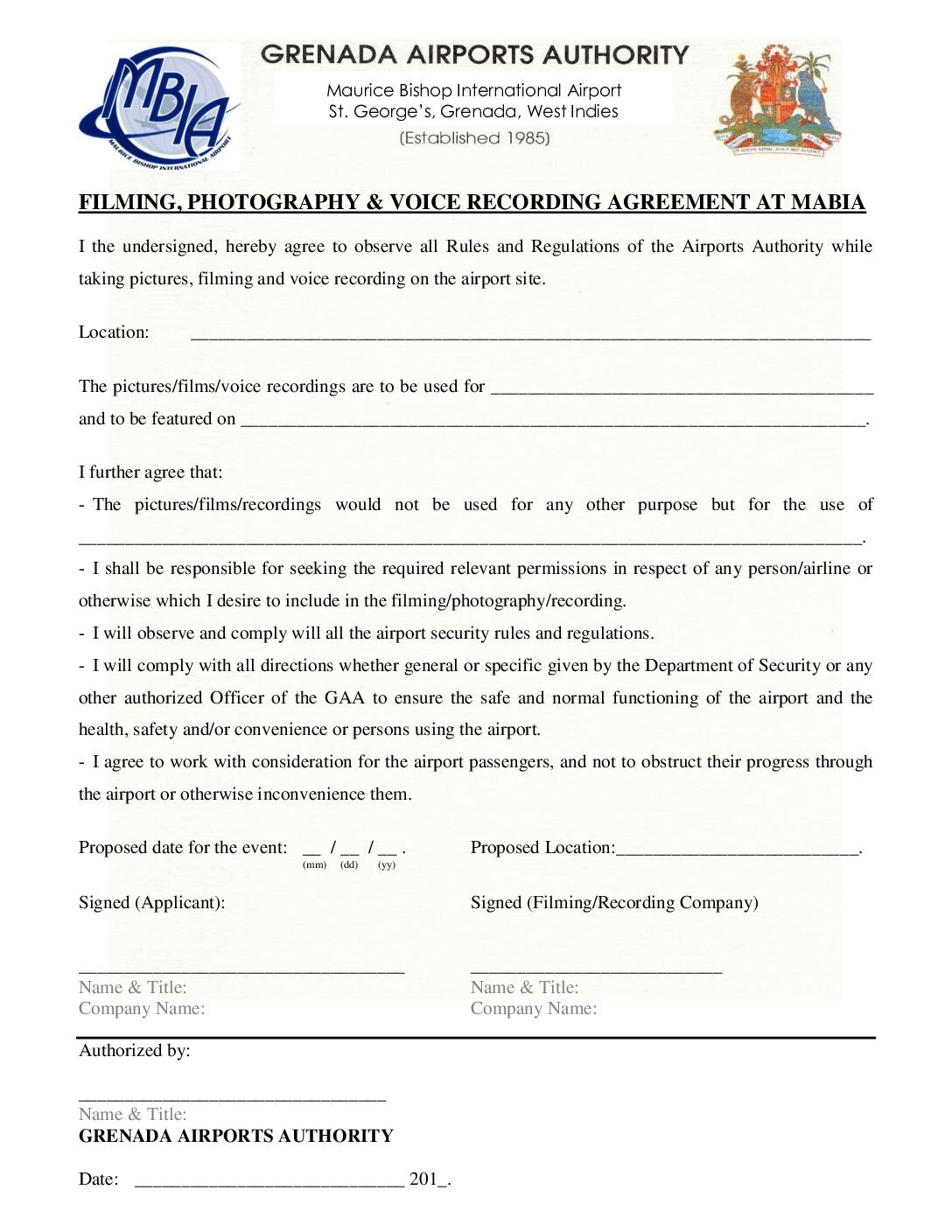FILMING, PHOTOGRAPHY & VOICE RECORDING AGREEMENT AT MBIA