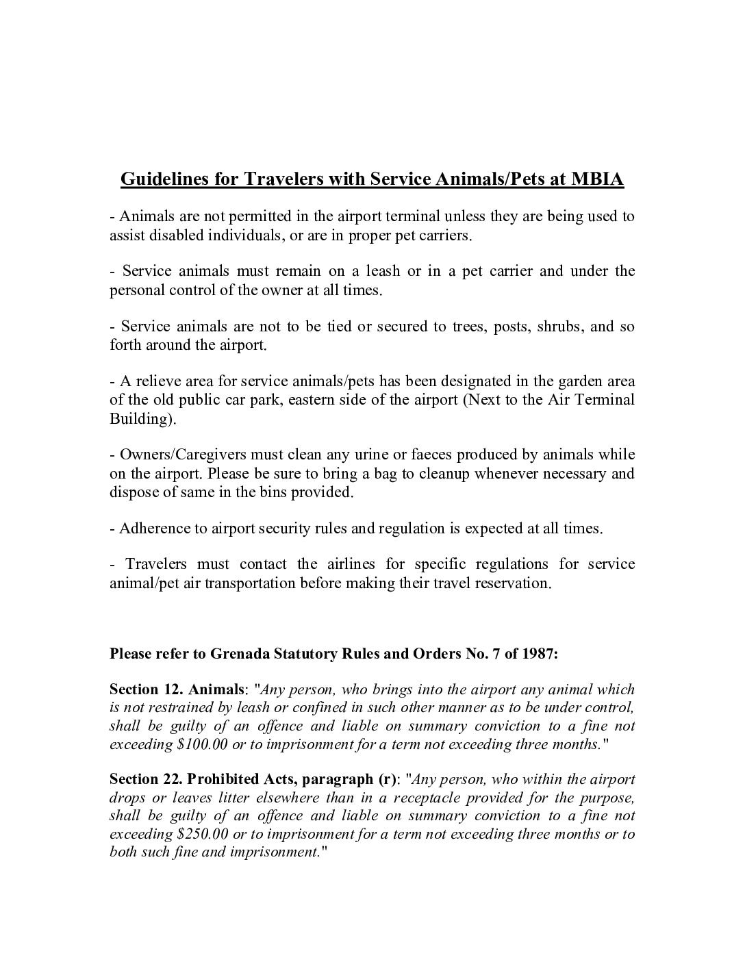 Guidelines for Travelers with Service Animals/Pets at MBIA