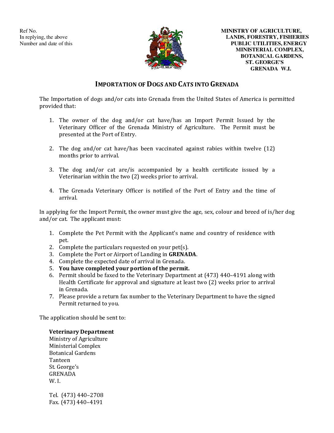 IMPORTATION OF DOGS AND CATS INTO GRENADA