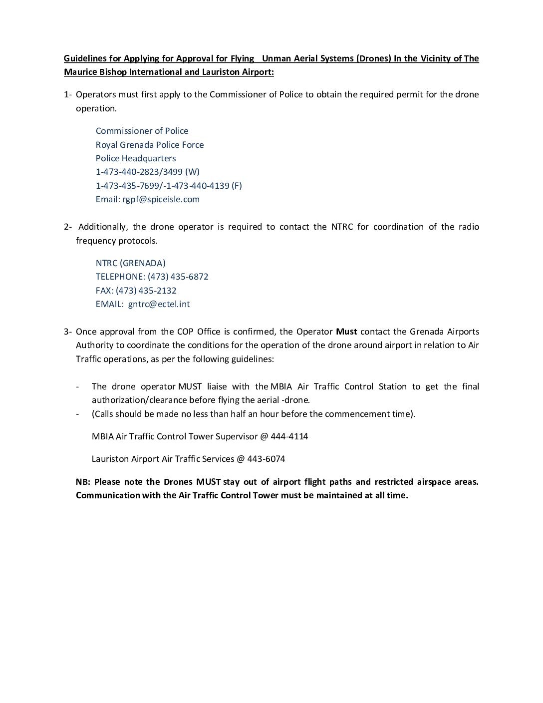 Guidelines for Applying for Approval for Flying Unman Aerial Systems (Drones) In the Vicinity of The Maurice Bishop International and Herbert A. Blaize Airport