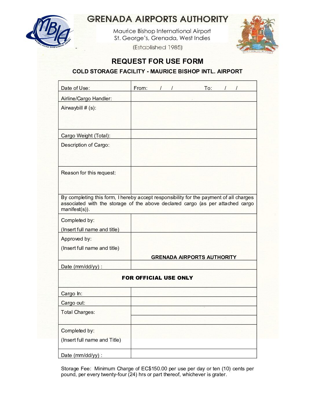 REQUEST FOR USE FORM-COLD STORAGE FACILITY