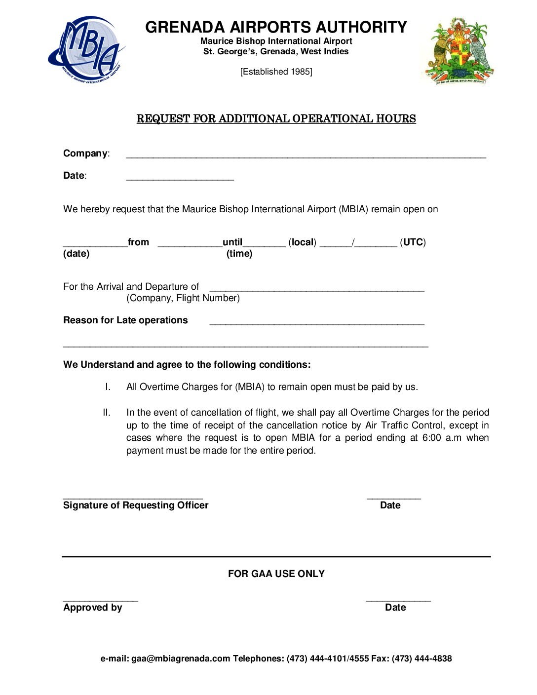 REQUEST FOR ADDITIONAL OPERATIONAL HOURS
